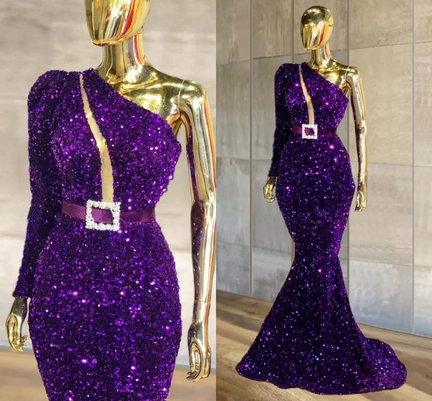 

Luxury Sequins Prom Dresses One Shoulder Mermaid Evening Gown Long Formal Party Night Vestidos De Noite Robe De Soiree
