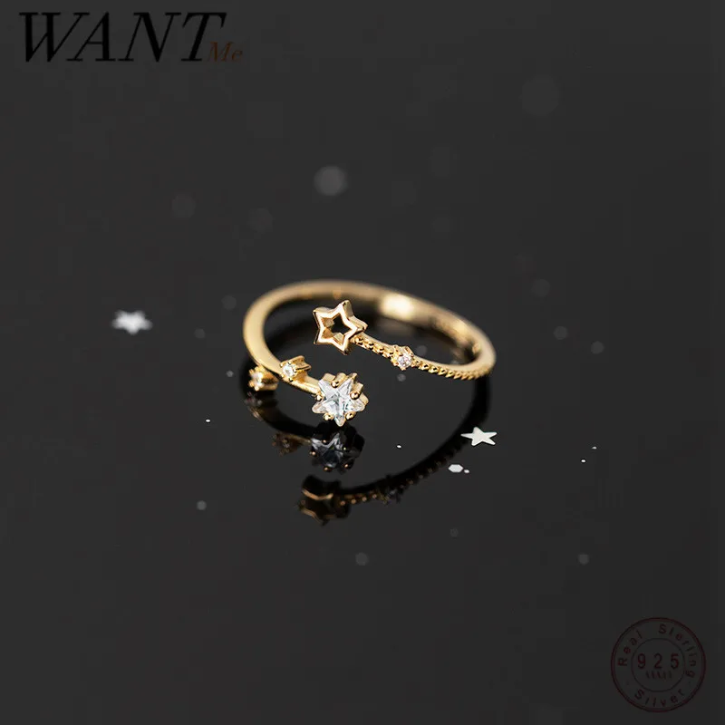 WANTME 925 Sterling Silver Sweet Romantic Star Shiny Zircon Open Ring for Women Simple Charm Party Golden Plated Jewelry Female