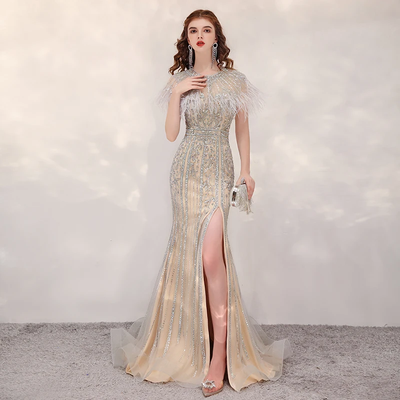 Mermaid Evening Dresses Long Feather Jewel Collar Delicate Beaded Evening Party Gown Formal Occasion Dresses