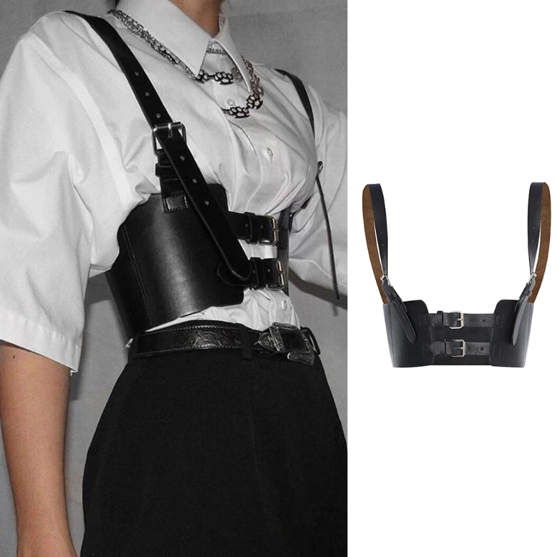 Women PU leather Bustier With shoulder strap Harness Underbust Girdle Waistband shaping bellyband