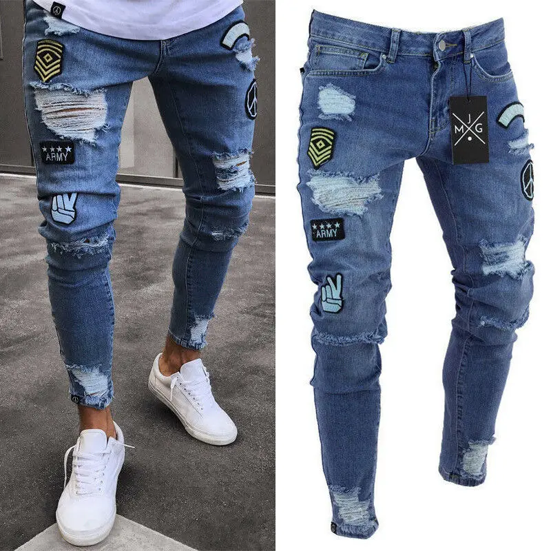 

New Fashion Mens Skinny Jeans Rip Slim fit Stretch Denim Distress Frayed Biker Scratchted Hollow out Long Jeans Boy Zone