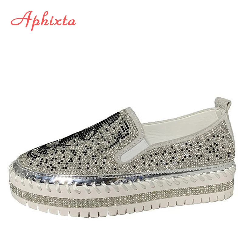 Aphixta Women Flats Crystal Ladies Glitter Bling Loafers Flat Platform Fashion Woman Moccasins Female Shoes Big Size 42 43