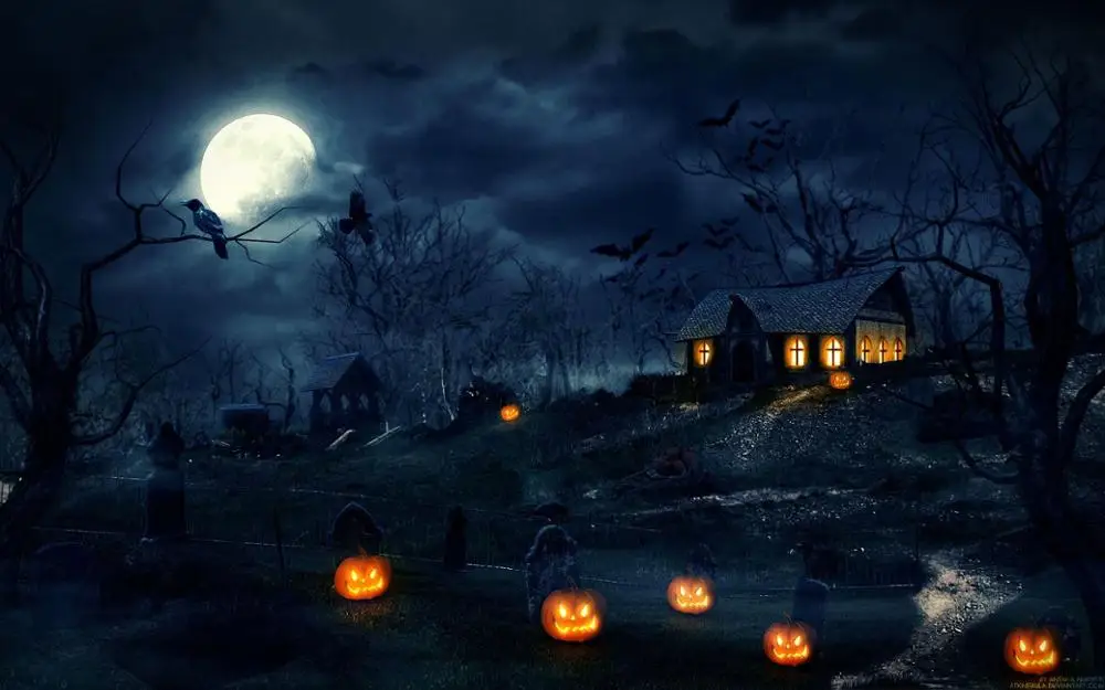 Halloween Theo Chủ Đề Chụp Ảnh Bối Cảnh Đêm Trăng Ma Quái Rừng Bí Ngô Lồng Đèn Nền Cây Chết Ngôi Nhà Bị Ma Ám Đảng Biểu Ngữ