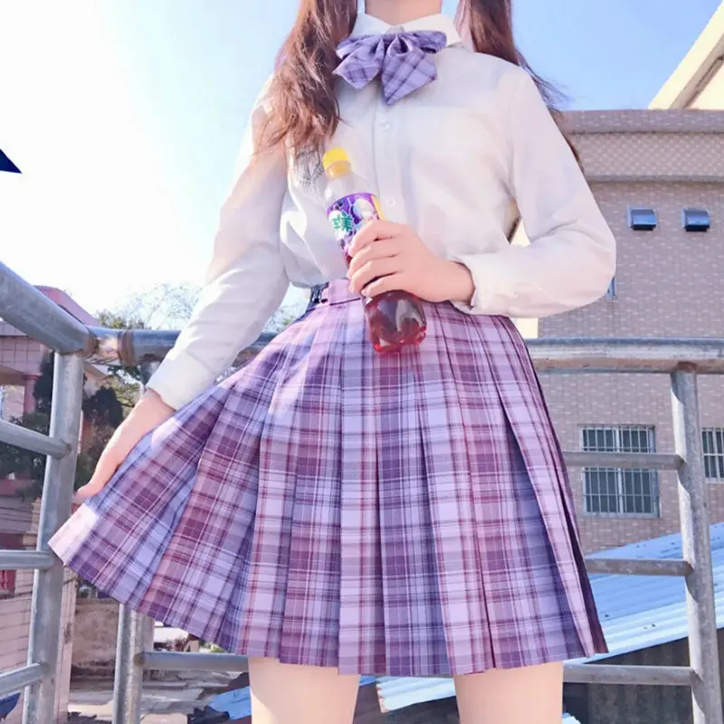 [Grape soda] Purple Plaid Skirts JK School Uniform Japanese Girls Summer High Waist Pleated Skirts Women Dress For Students Girl