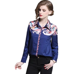 Special Offer Spring Autumn Women Long Sleeve Blouse High Quality Designer Retro Print Navy Blue Shirt Casual Women Tops