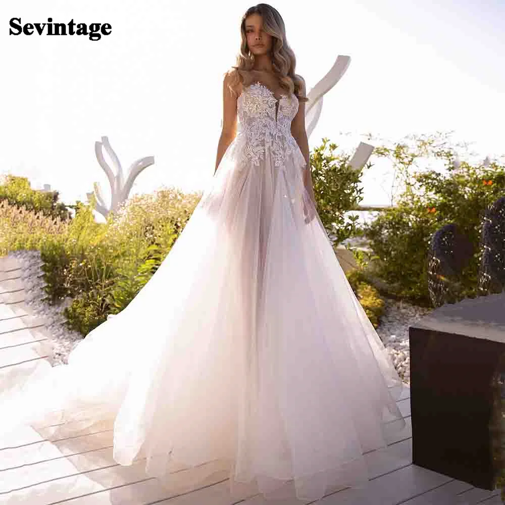 Sevintage Boho abito da sposa 2021 senza maniche A Line Appliques di pizzo abiti da sposa senza schienale abiti da sposa formali Vintage su misura