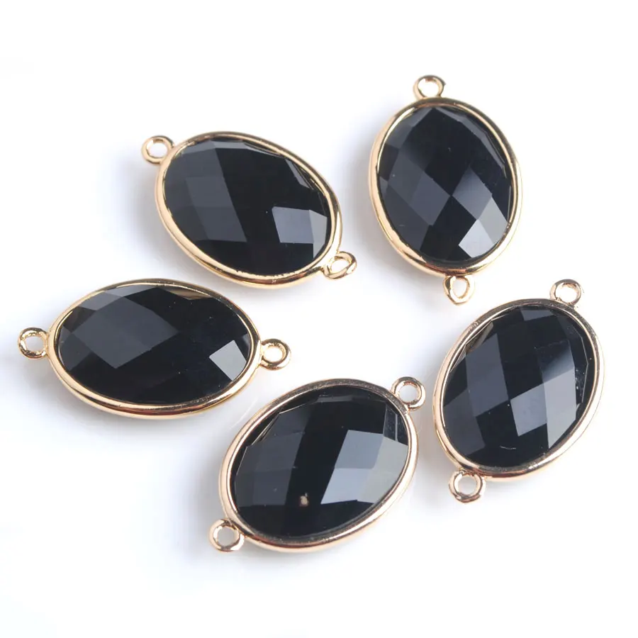 10pcs Shiny Oval Faceted Natural Black Agates Stone Beads Two Hole Connector for Female Homme Jewelry Making Z9065