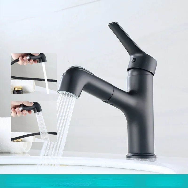 Smoking Pipe Brass Yahei Pull-out Basin Faucet Bathroom Black Retractable Multi-function Wash Shampoo Basin Faucet Vanity Faucet