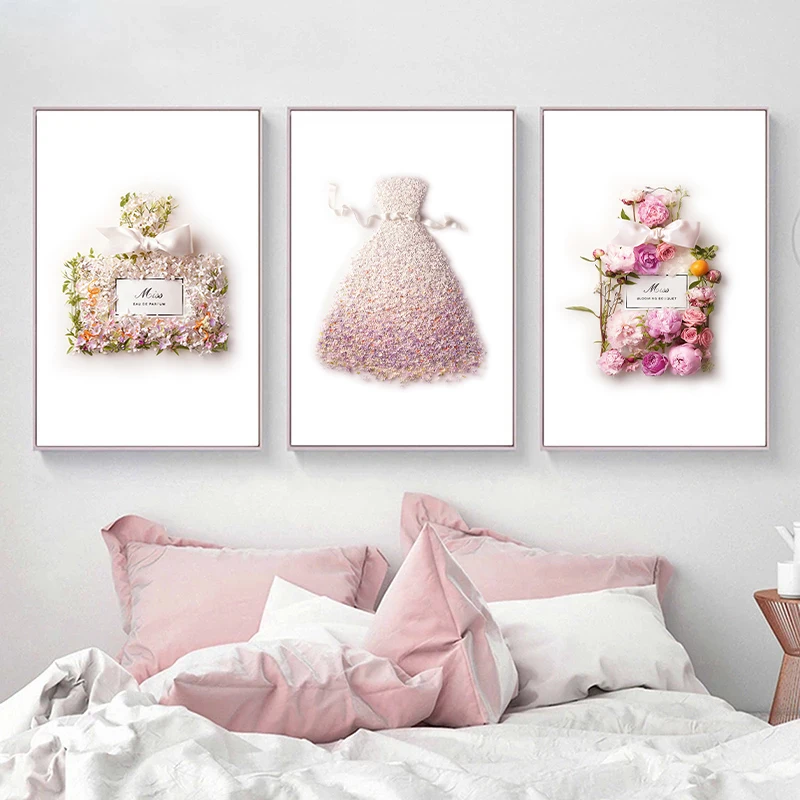 Fashion Flower Dress Prints Blush Pink Perfume Floral Bottle Posters Nordic Luxury Decor Wall Art Canvas Painting Home Decor