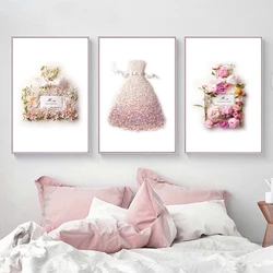 Fashion Flower Dress Prints Blush Pink Perfume Floral Bottle Posters Nordic Luxury Decor Wall Art Canvas Painting Home Decor
