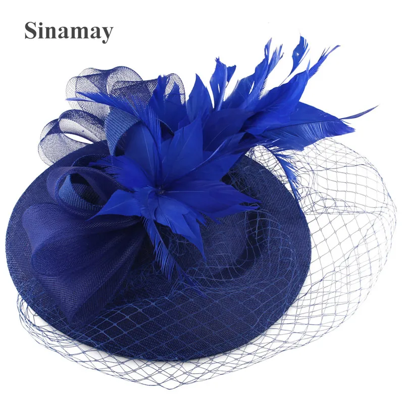 

Bride Royal Blue Mesh Headwear Wedding Fancy Fascinator Veils Hat Ladies Women Headpiece Feather Hair Clip Cocktail Fedora Cap