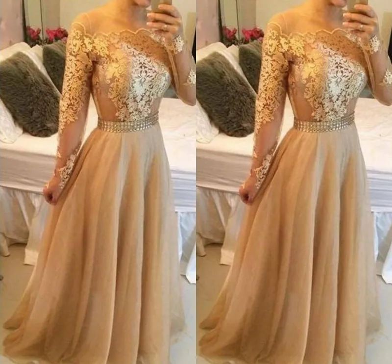 

Modest Champagne Arabic Formal Evening Dresses 2024 Gold Lace Chiffon Plus Size Vestidos De Novia Prom Special Occasion Gowns