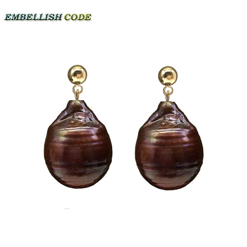 

Baroque Style Stud Dangle Earring Tissue Nucleated Flameball Brown Coffee Freshwater Pearls Round Golden Ball Bead Shape