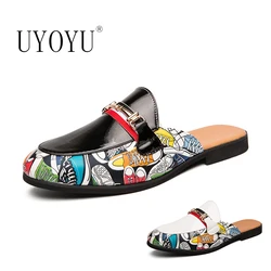 Italian Luxury Brand Designer Mens Casual Printed Leather Business Plus Size 37~45 Men Half Shoes Mules Man White Slides Slipper