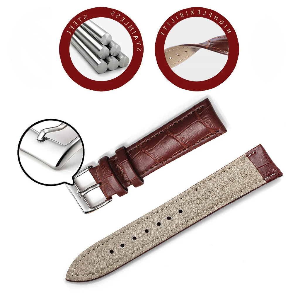 Genuine Leather Bracelets 14/16/18/20/22/24mm Watch Steel Pin Buckle Band Strap High Quality Wrist Belt Strap + Tool