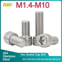 Vis à tête hexagonale en acier inoxydable, capuchon à six pans creux, vis à 2,2 Allen, M1.4, M1.6, M2, M2.5, M3 figuré, M5, M6, M8, M10, 304, DIN912, L = 3-80mm