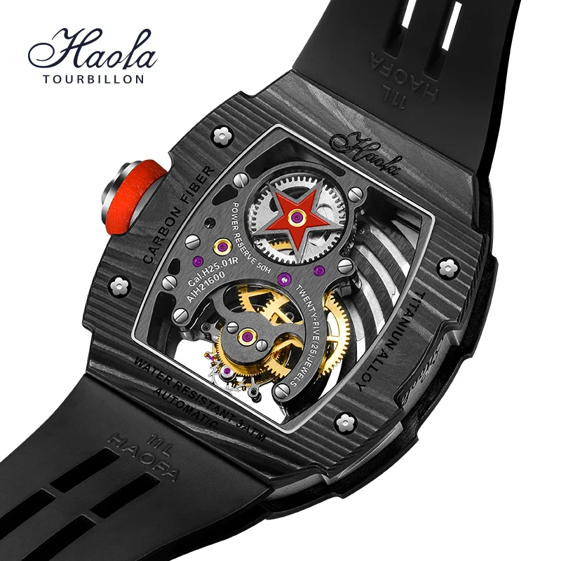 Haofa Manual Flying Tourbillon Mechanical Watch for Men Luxury Skeleton Tiger Luminous Sapphire Carbon Fiber Watch orologio uomo