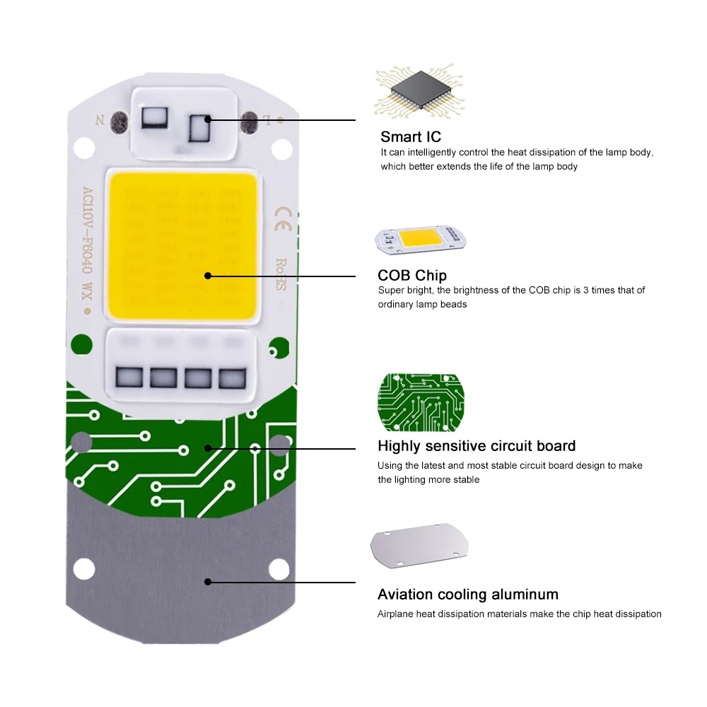 Chip LED COB de 220V, 20W, 30W, 50W, IC inteligente, No requiere controlador, cuentas de lámpara LED para proyector, iluminación artesanal, 10 Uds.