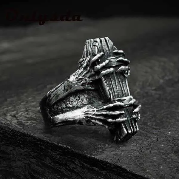 Punk Rock Us Size Ghost Claw Coffin Ring 316L Stainless Steel Band Party Biker Jewelry Dropshipping For Man Gift Anel