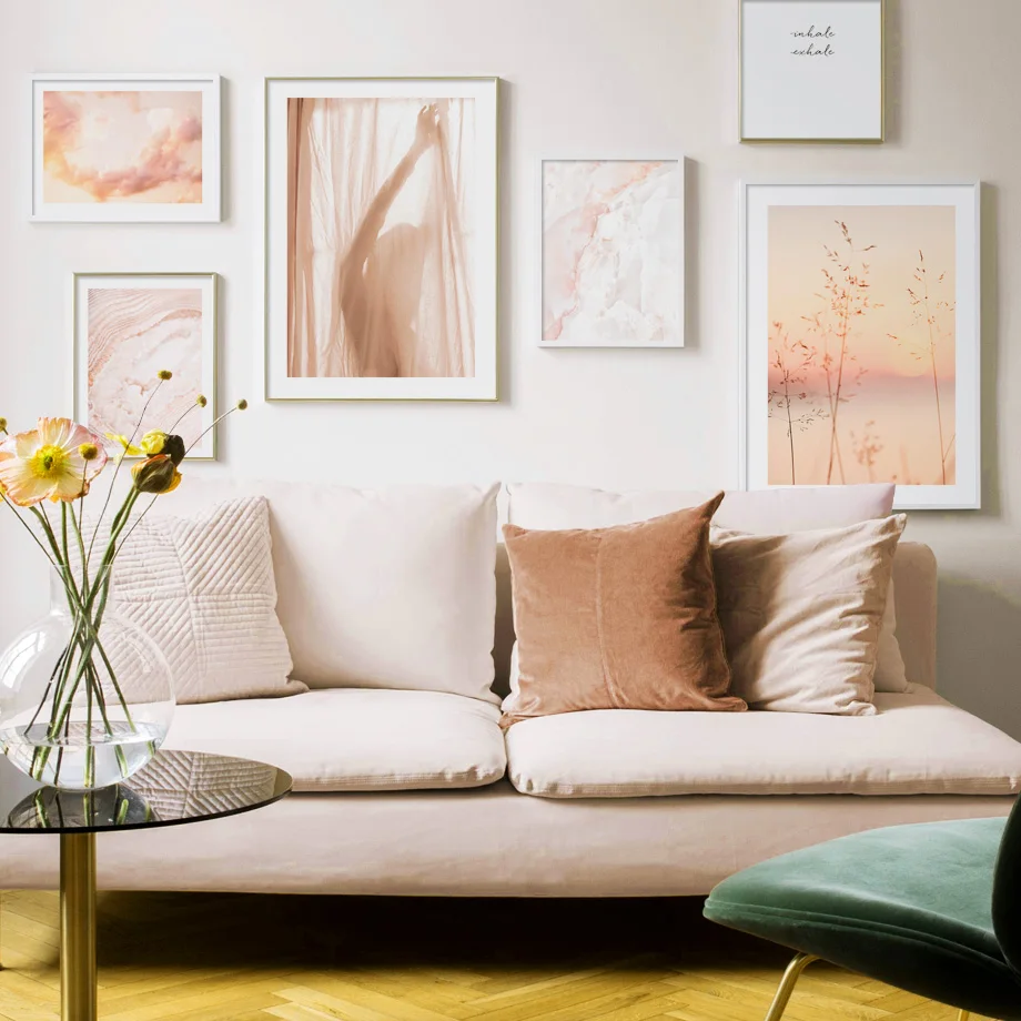 Silueta de seda de puesta de sol Pastel, nubes de mármol rosa, póster nórdico, impresiones artísticas de pared, pintura en lienzo, imágenes decorativas para sala de estar