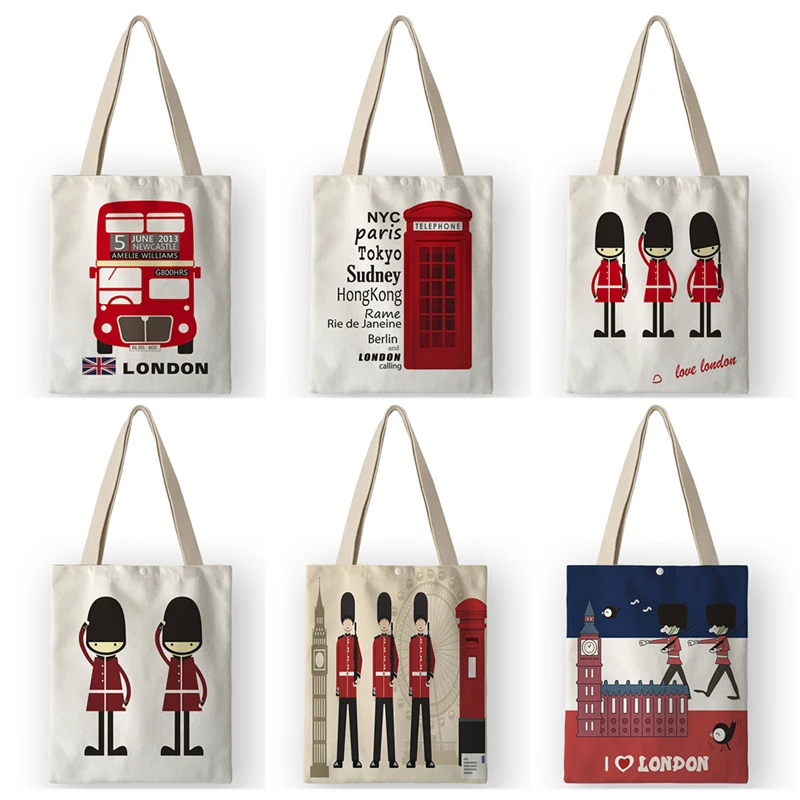

AKB01108 Classic Telephone Booth Guard Prints Eco Shopping Bags Women Lady Handbags British Style School Book Bags for Students