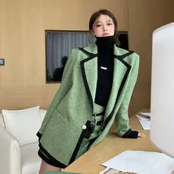 Fall Vintage Tweed 2 Piece Set Women Crop Top Green Suit Stitching Loose Long Sleeve Casual Short Blazer Jacket+Mini Skirt Sets