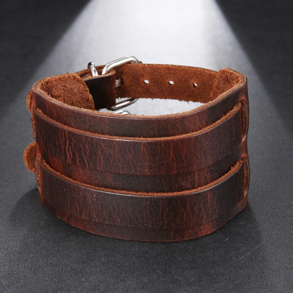 2024 Trend Jewelry Vintage Hand Woven Wide Leather Bracelet  Cuff Double Breasted Bracelet for Men Pulsera Hombre