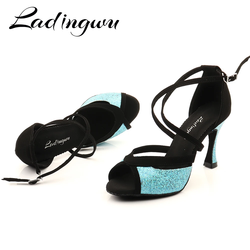 Ladingwu Latin untuk Wanita Suede Hitam dan Biru Glitter Salsa Dance Wanita Sepatu Dansa Ballroom Sandal