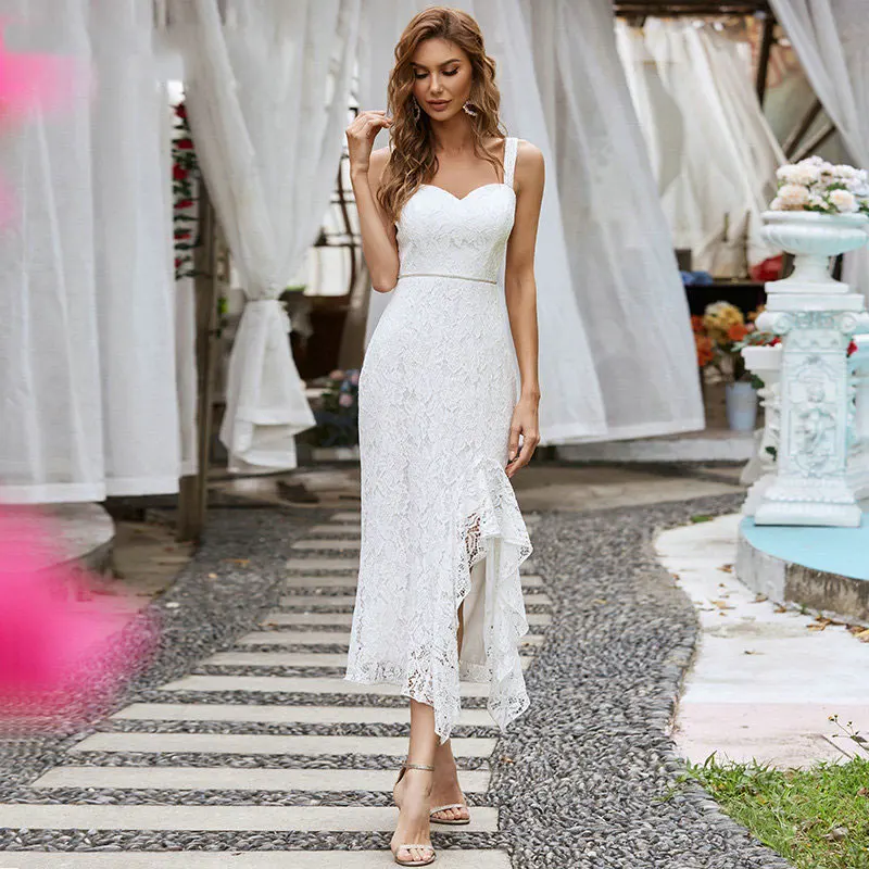 Vestido de novia de encaje blanco con abertura, elegante, línea A, escote Corazón, dobladillo asimétrico, vestido de fiesta de boda Midi, 2021