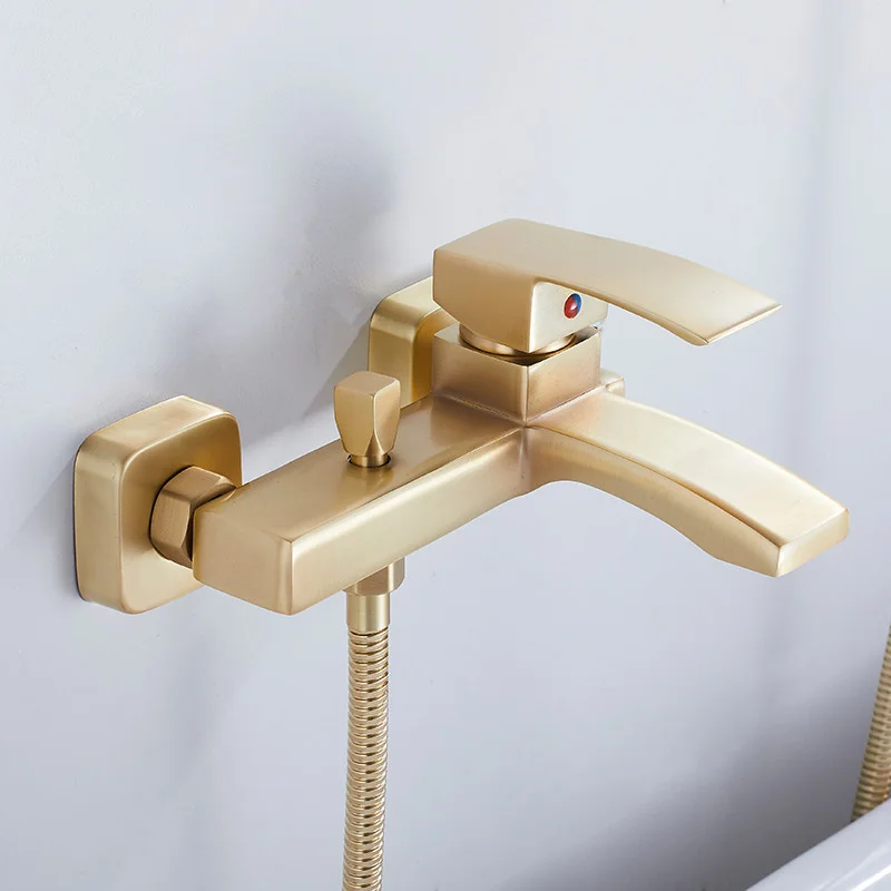 Brushed Gold Bath Shower Faucets Set,Solid Brass Bathroom, Hot Cold Mixer,Bathtub Taps with Handheld,Wall Mount,Single Handle