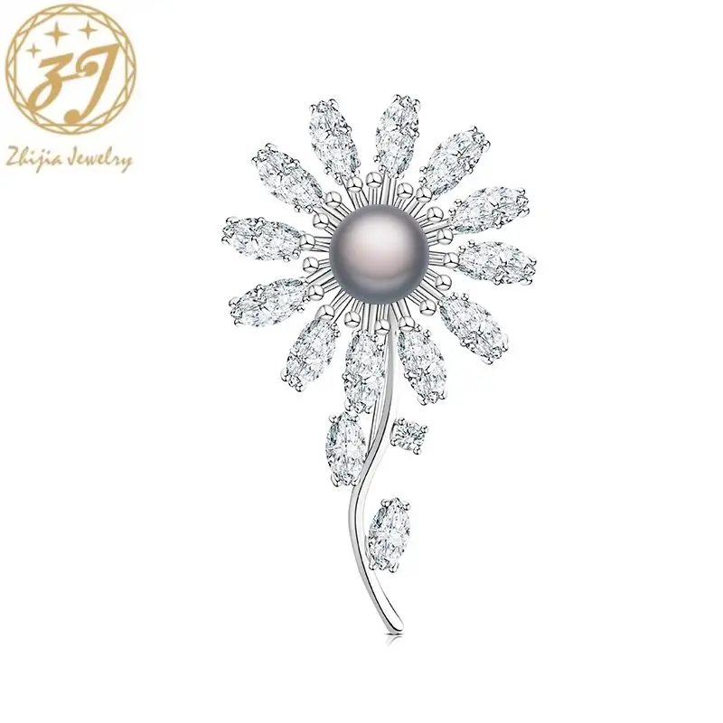 

Zhijia elegant delicate crystal rhinestone zircon flower shape pins brooches for women party jewelry accessories