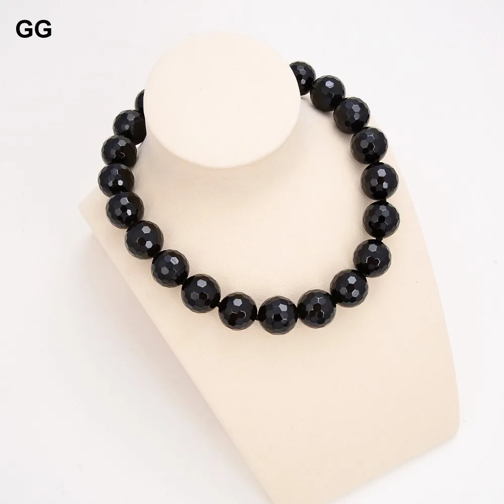 G-G Natural Stone 20MM Black Round Faceted Onyx Necklace