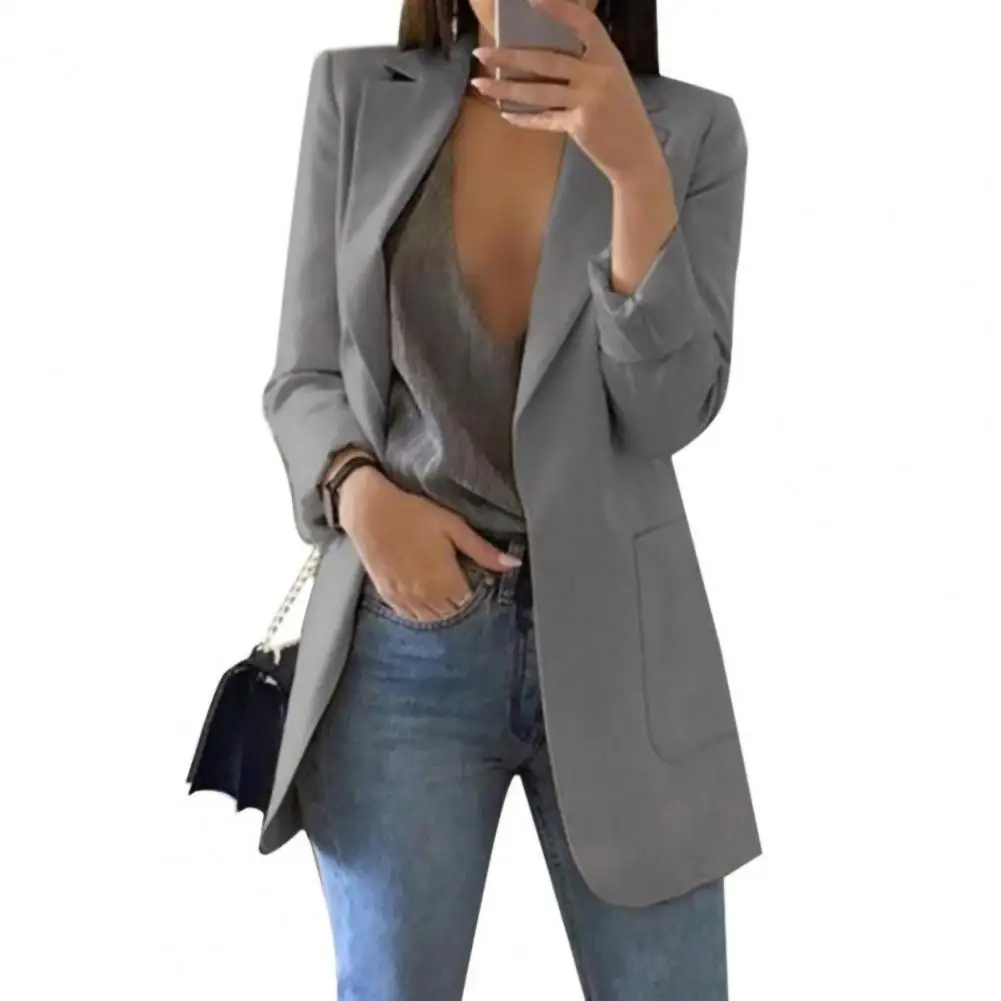 Summer Women Blazer Jacket Lapel All-match Open Front Stylish Office Lady Slim Suit Overcoat Solid Color Long Blazer