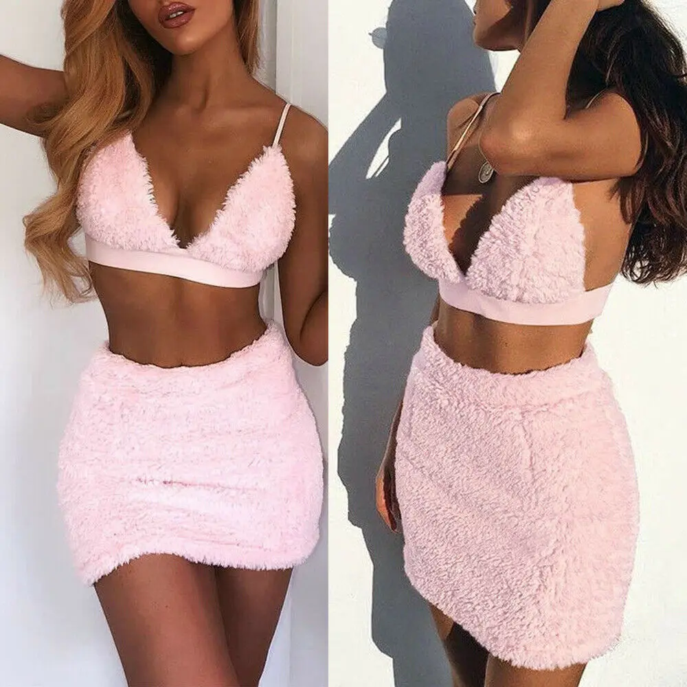 Summer Fashion Sexy Women Skirt Outfits Bra and Velvet Slim Mini Skirts Sets Two Piece Set Off Shoulder Straps Crop Tops