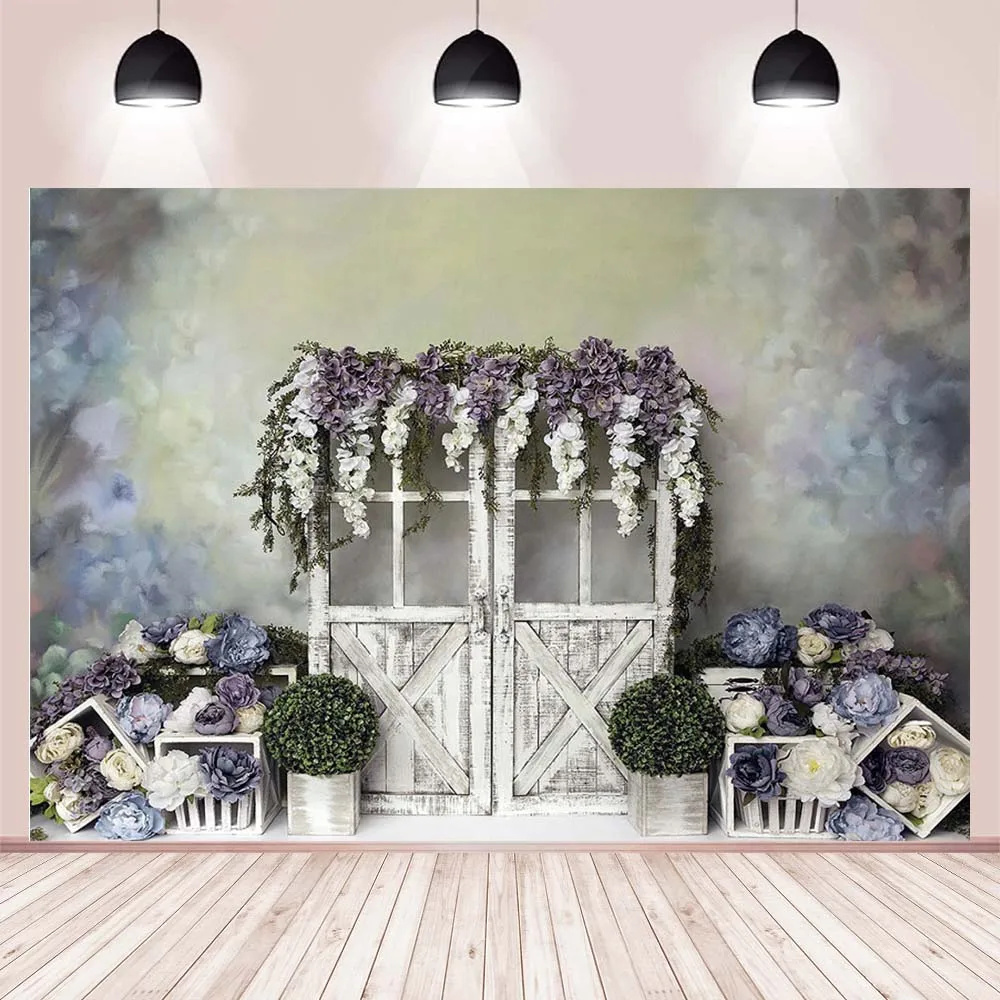 

Avezano Photography Backdrop Garden Purple Flower White Wood Door Newborn Baby Shower Wedding Background Photo Studio Photophone