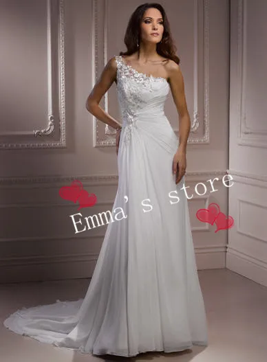 Feito sob encomenda frete grátis applique fora 5% um-ombro mariage ruched applique trem nupcial vestidos de praia vestidos de casamento sob medida