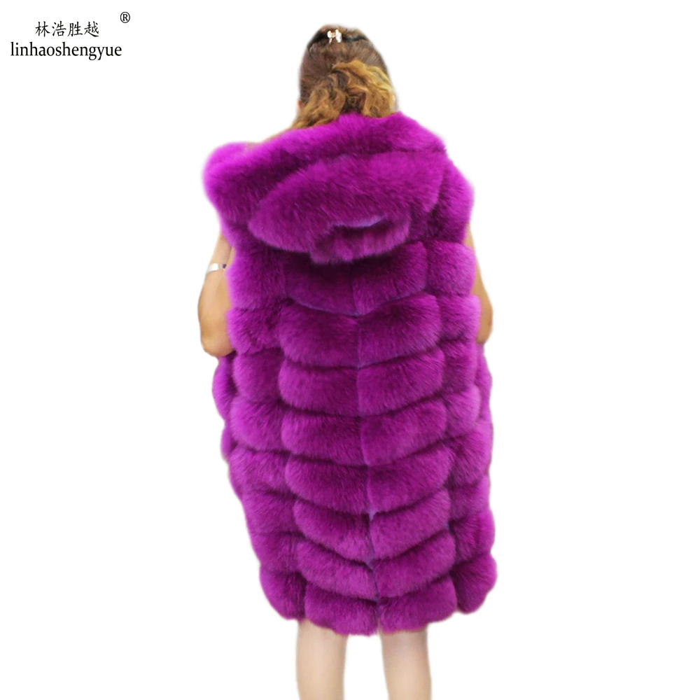 Linhaoshengyue The Real   Fox Fur Vest  with  Hood   Long  90cm Women Real Fox Fur Vest