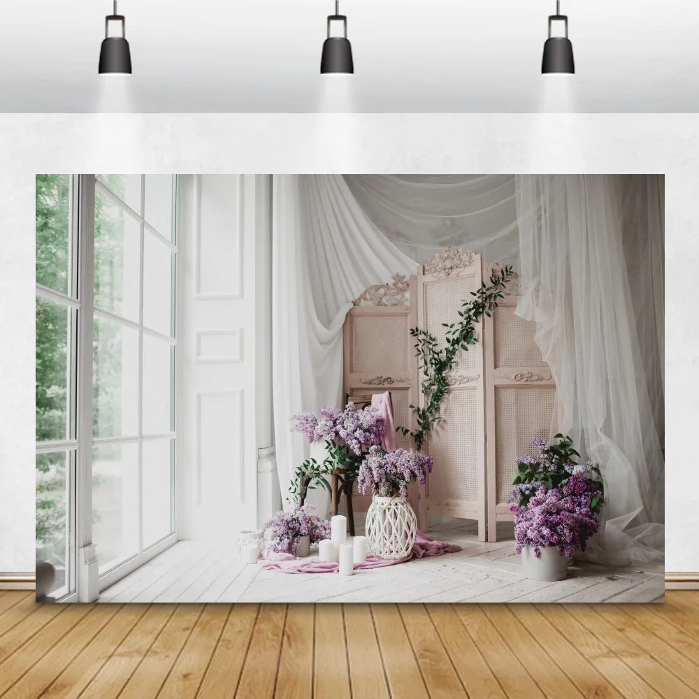 Laeacco Chic Wall Living Room Lavender Flower Window Screen Curtain Tree Photography Backdrop Photo Background For Photo Studio