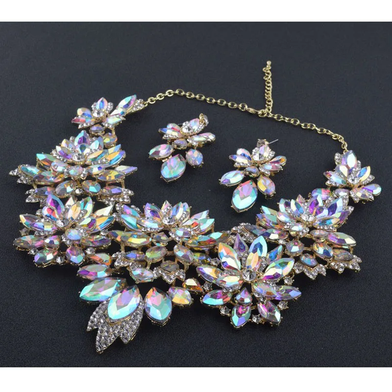 Golden Luxury Aurora Crystal AB Jewelry sets Flower Design Earrings Set Bridal Wedding  Jewellery Women Party Statement Accessor