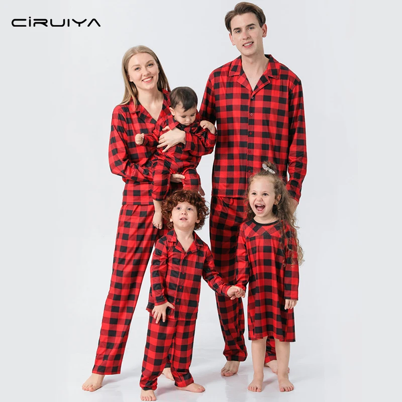 

CIRUIYA Red Plaid Christmas Pajamas Shirt And Pants Family Matching Outfits Sleepwear Sets Mother Father Daughter Son Homewear