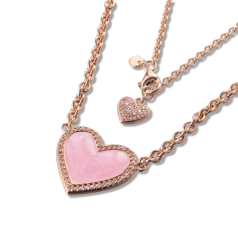 2021 Valentine's Day Pink Swirl Heart Collier Necklace & Pendant 925 Sterling Silver Jewelry Necklace For Woman Elegant Fashion