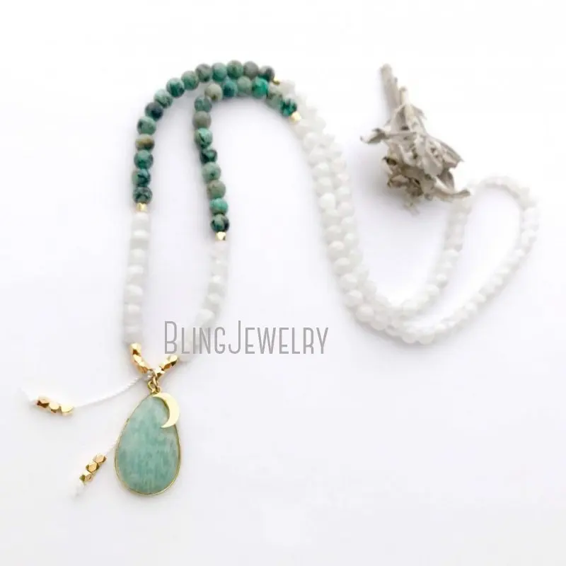 MN19920 Turquoise Moonstone Mala Necklace African   Beads   Amazonite Crystal    