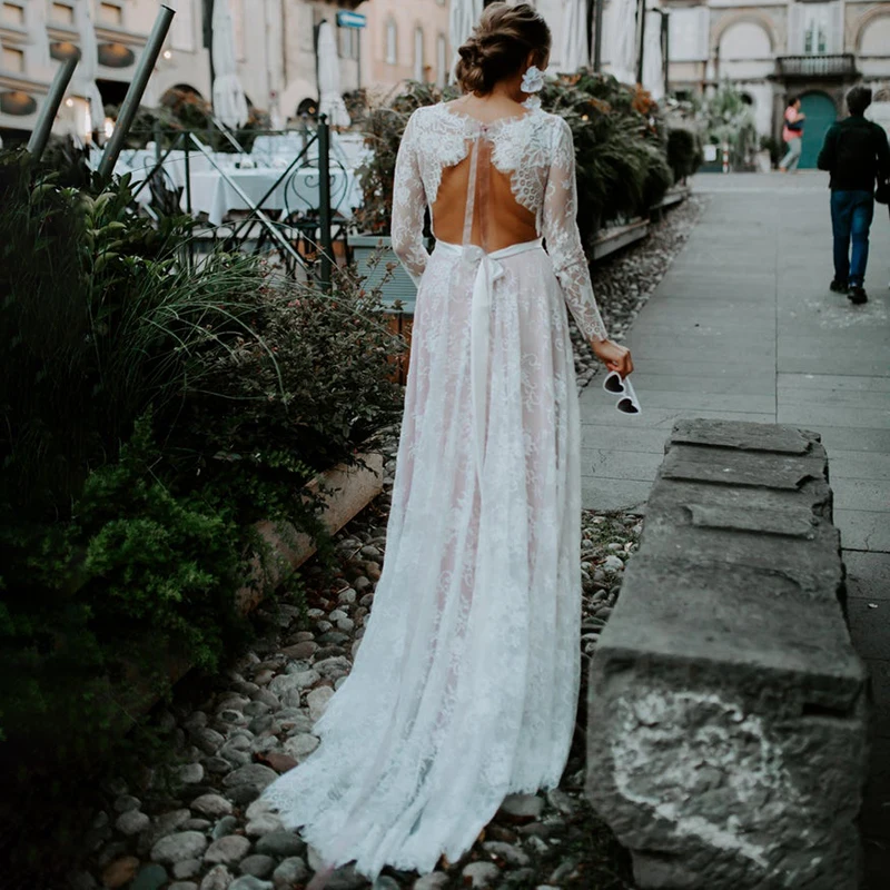 Spitze Lange Ärmel Strand Hochzeit Kleid 2021 Romantische EINE Linie Lange Schärpe Boot Hals Maß Maxi Garten Brautkleider plus Größe