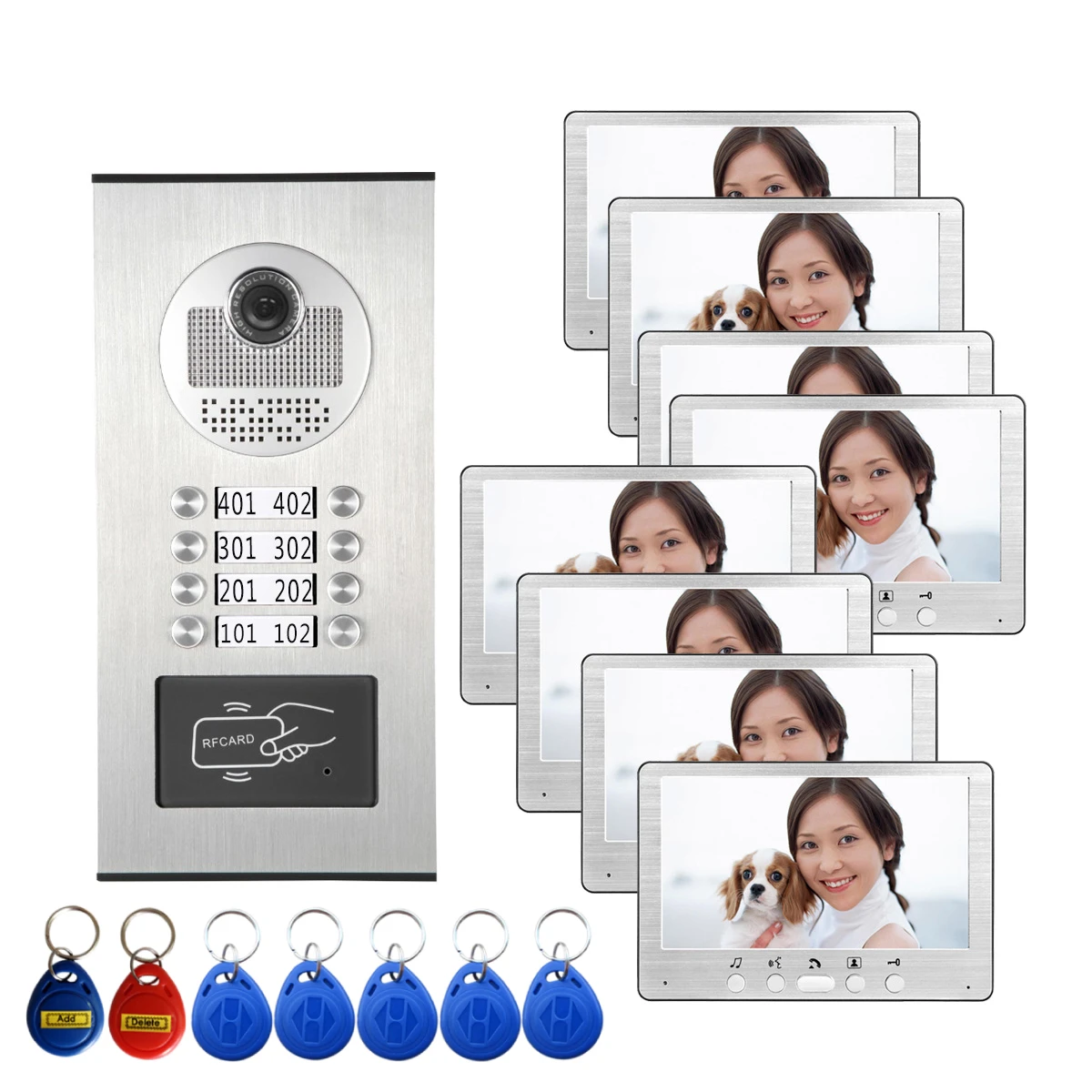 SmartYIBA kit interkom bel pintu, 7 "Video pintu telepon 4 sampai 8 Monitor untuk apartemen keluarga bel pintu RFID 1080p IR kamera telepon pintu