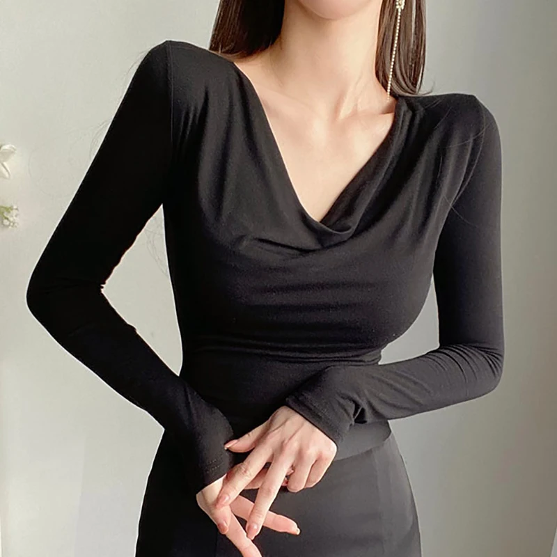 T koszula kobiety koreański styl wąskie koszulki wiosna jesień Sexy V Neck koszulki bawełniane z długim rękawem topy koszulkę Femme Poleras Mujer