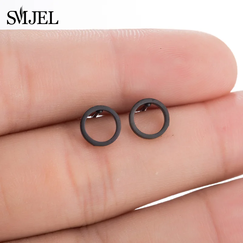 Minimalist Hollow Small Round Earrings for Women Hiphop Stainless Steel Black Circle Earings Ear Studs For Friend Boyfriend Gift