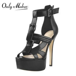 Onlymaker Women Platform Sandals Matte Black Buckles Decoration Ankle Strap Thin High Heels  Zipper Large Size Sandals