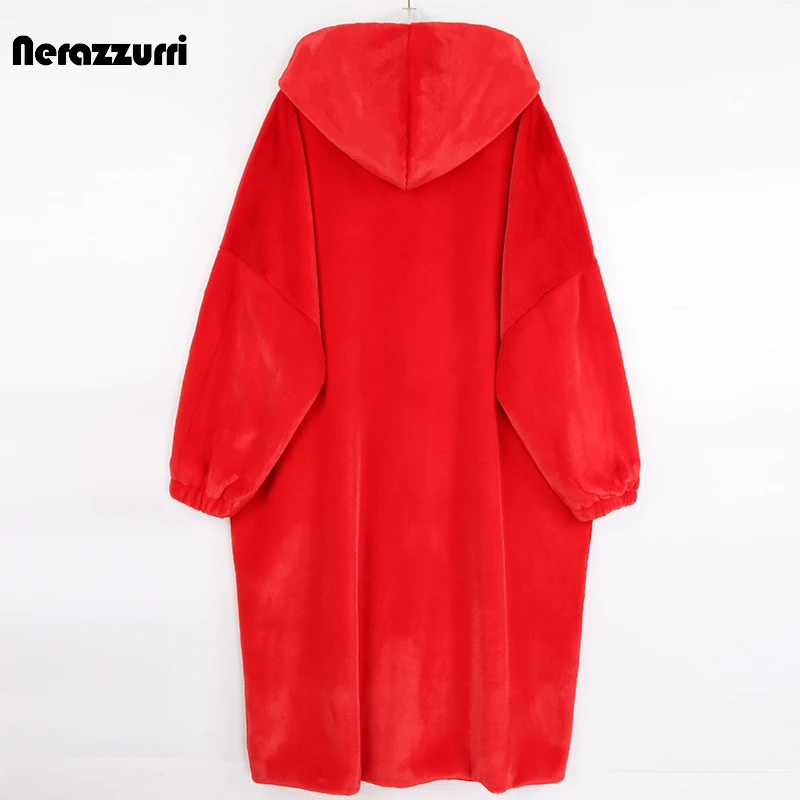 Nerazzurri Winter Long Oversized Red Warm Fluffy Faux Fur Coat Women Bat Sleeve Zipper Hood Loose Casual Korean Fashion 2021