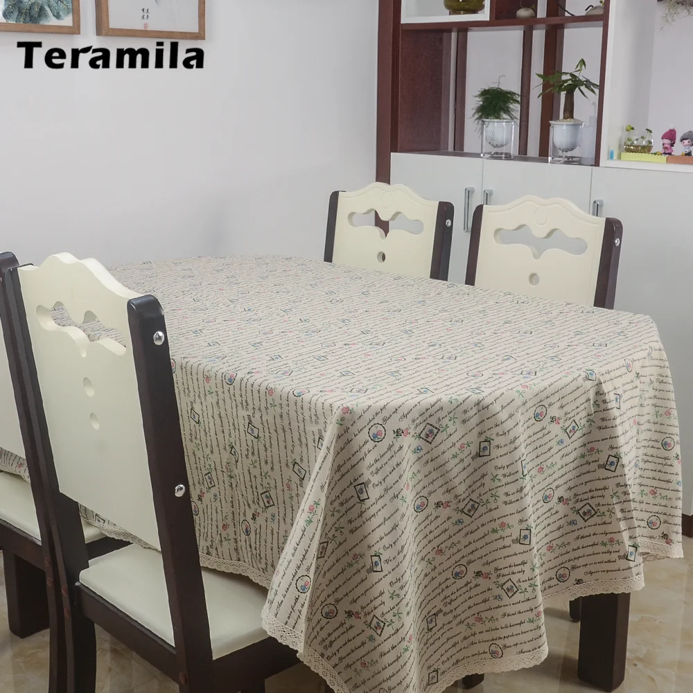 Teramila Lace Side Text Words Pattern Dining Table Cloth Cotton Linen Rectangular Square Table Cover Mat For Home Party Wedding