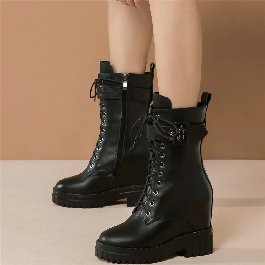 Winter Shoes Women Lace Up Genuine Leather Wedges High Heel Snow Boots Female High Top Round Toe Platform Pumps Casual Shoes